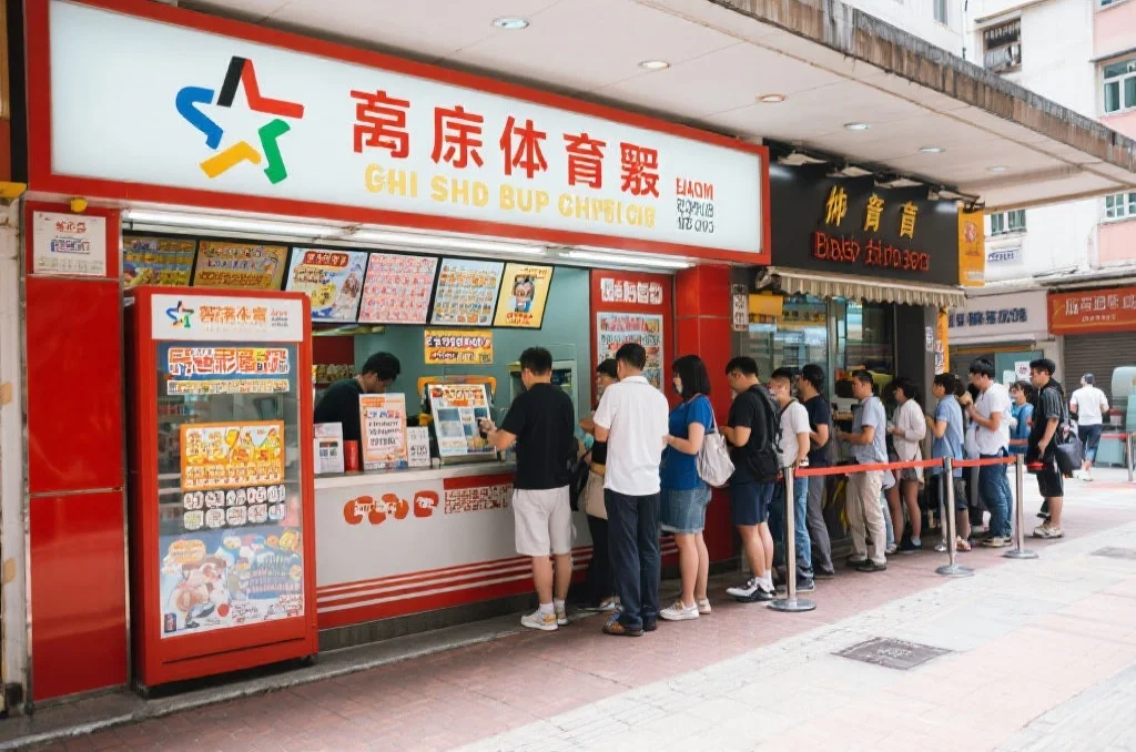 香港合法彩票售卖点外观，市民排队购买彩票，环境干净有序