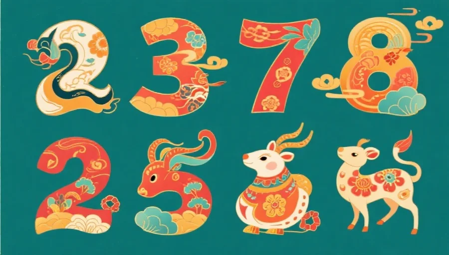 一组中国风数字与生肖融合的创意插图，色彩丰富，体现祥和与吉祥氛围