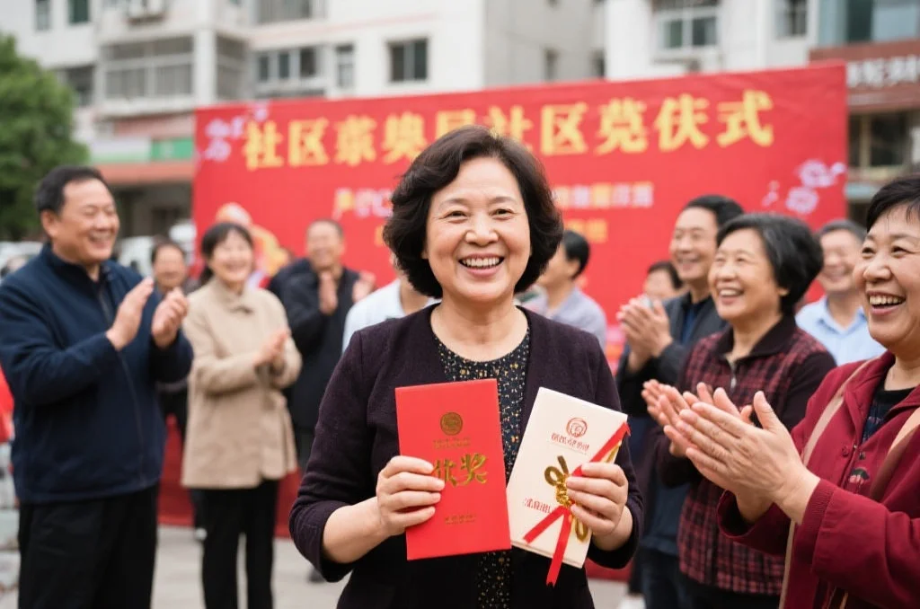 在社区庆典活动现场，一位中年女士开心地拿着奖品，周围人微笑祝贺