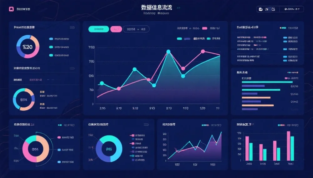 抽象风格的信息流与数据可视化界面，展现不同类别数据的趋势线和统计图